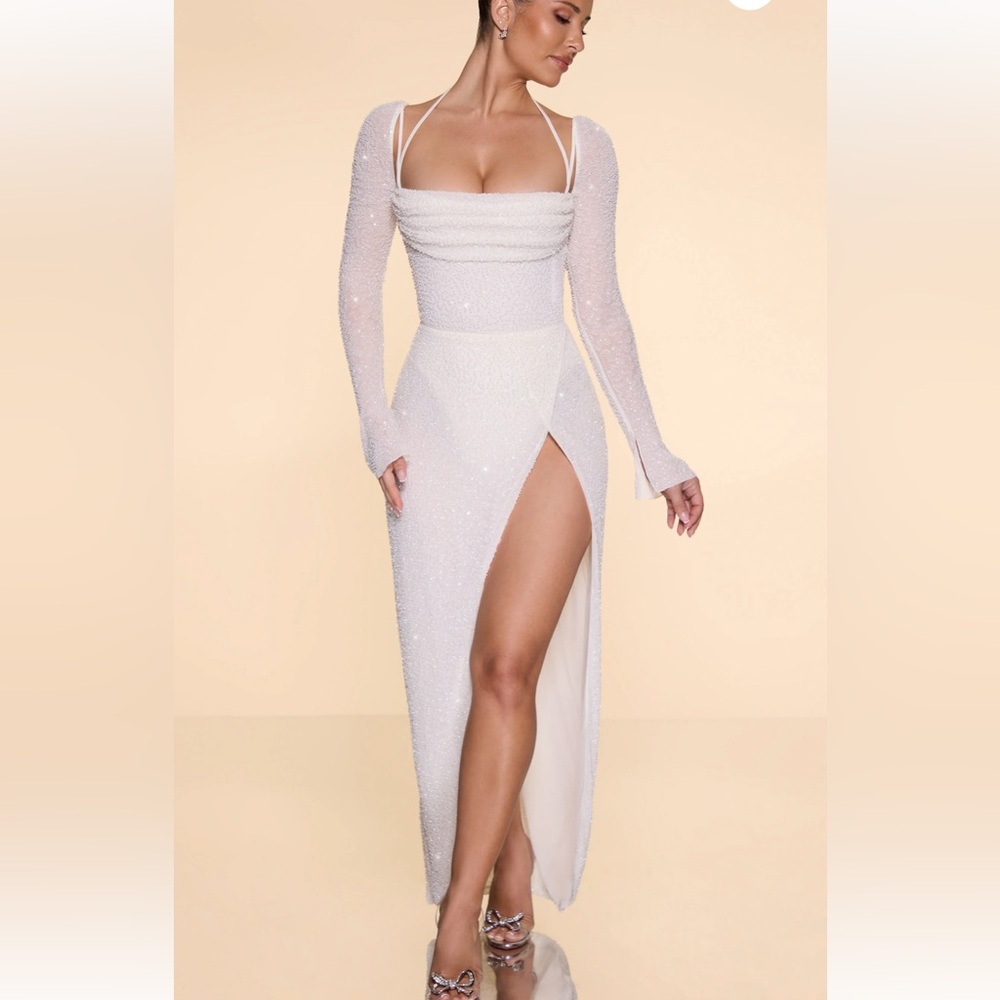 NWT Oh Polly Champel Embellished Cowl Neck Maxi Dress in Ivory s US size 12